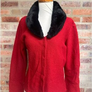 Liz Claiborne small red sweater w/black fur collar